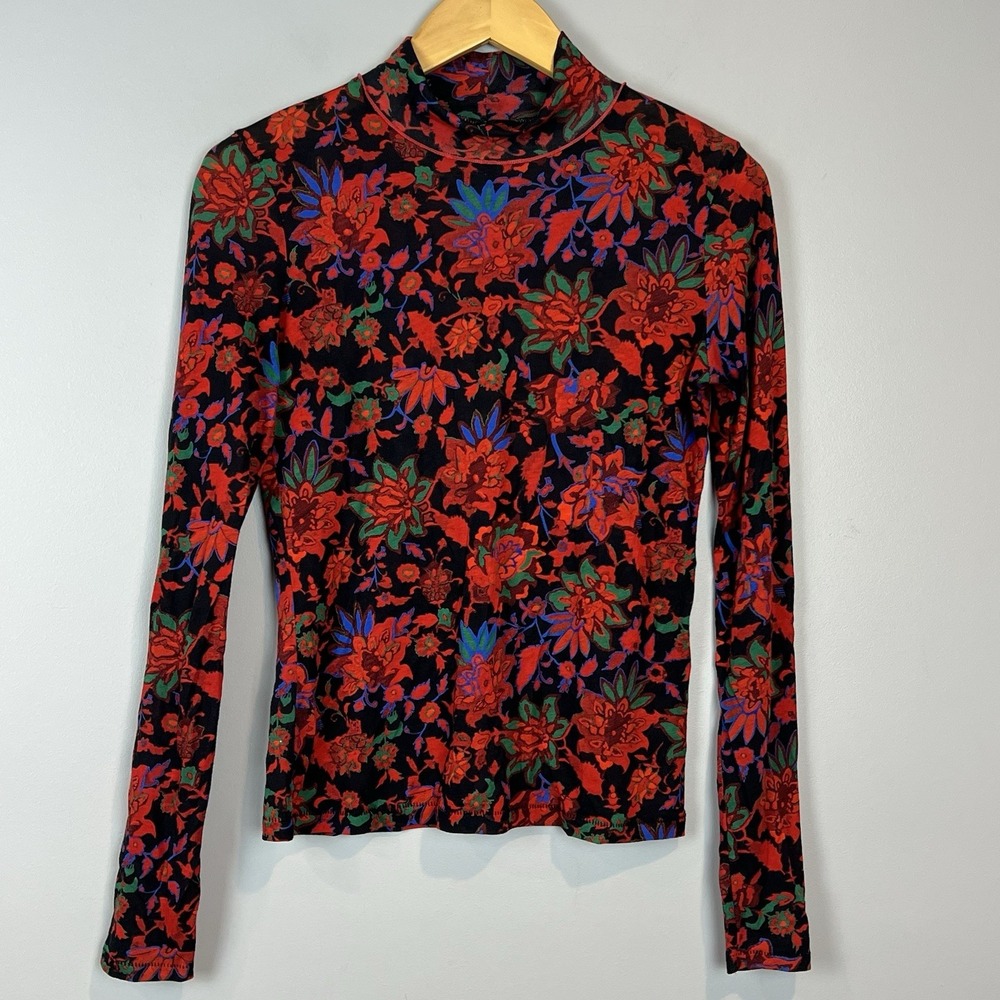 Rag & Bone Wallpaper Shaw Mock Neck Shirt Womens Size XS Black Red Floral Vamp
